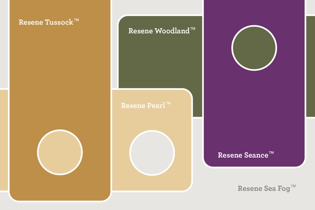 Ben’s Resene colour selection features <a 
href="https://www.resene.co.nz/swatches/preview.php?chart=Resene%20Multi-finish%20range%20%282016%29&brand=Resene&name=Tussock&srsltid=AfmBOooHsbFLr2fYSqvWc5D6838aDlS8ep_fQuFUAJpH0OhYrkfwM_26"style="color:#3386FF"target="_blank"><u>Resene Tussock</u></a>, <a 
href=" https://www.resene.co.nz/swatches/preview.php?chart=Resene%20Heritage%20range%20%28pre%202008%29&brand=Resene&name=Pearl&srsltid=AfmBOooiFl9nb-4bNJOQdSn9Q0Nxa8FiQnkpTg7dNKiavswJDs_v60Bw"style="color:#3386FF"target="_blank"><u>Resene Woodsman Pearl</u></a>, <a href="https://www.resene.co.nz/swatches/preview.phttps://www.resene.co.nz/swatches/preview.php?chart=Resene%20Multi-finish%20range%20%282008%29&brand=Resene&name=Woodland&srsltid=AfmBOoo8dSqXPM5OoiRpK53Y-FhU-YtghEs5xjR0tXwEezjEHTwEadXj"style="color:#3386FF"target="_blank"><u>Resene Woodland</u></a>, <a href=" https://www.resene.co.nz/swatches/preview.php?chart=Resene%20BS5252%20range%20%282008%29&brand=Resene&name=Seance&srsltid=AfmBOoogiPyY-tDuQg_FR4-rK_M3fyGInC4SfjGQfhKgGETr8Pej85Tu"color:#69326E"style="color:#3386FF"target="_blank"><u>Resene Seance</u></a>, <a href=" https://www.resene.co.nz/swatches/preview.php?chart=Resene%20special%20palette%20-%20Arrowtown&brand=Resene&name=Sea%20Fog&srsltid=AfmBOorwLnIrTs8NYwlkc8imFZ1iCTQ8QX9qn5dCdc8r-q0kllQ8g6S5"style="color:#3386FF"target="_blank"><u>Resene Bonfire</u></a>, and <a href=" https://www.resene.co.nz/swatches/preview.php?chart=Resene%20Multi-finish%20range%20%282016%29&brand=Resene&name=Buttermilk"style="color:#3386FF"target="_blank"><u>Resene Sea Fog</u></a>.
