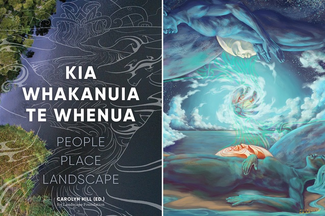 Book cover; <em>Inception/Creation/Resurrection</em>, Ranginui and Papatūānuku illustration by Waiari Macmillan.