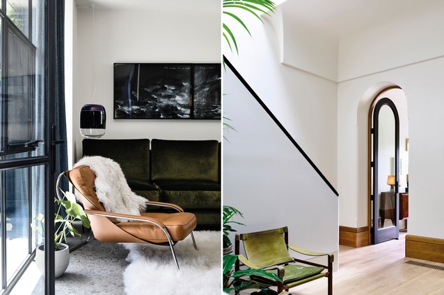 An intimate living room includes a custom couch in green velvet below a triptych by Tacita Dean.