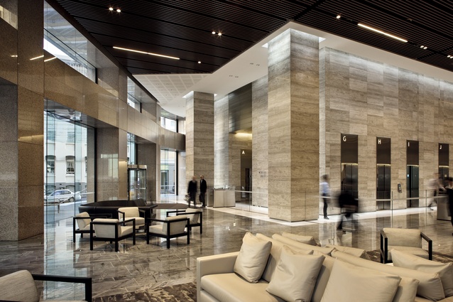 The lift and services core sits back into a heart-shaped plan, freeing up space for a grand lobby.