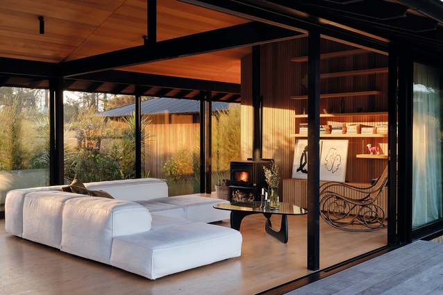 The living area and courtyard, viewed from the west-side deck.