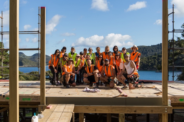 The team at the end of Day 1 of assembly on the completed floor platform.