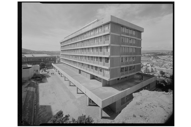 Victoria University library building, Wellington, c. 1962-1965, black and white negative transferred to digital and printed on adhesive paper. Ref: DW-1638-F. Alexander Turnbull Library, Wellington, New Zealand. 