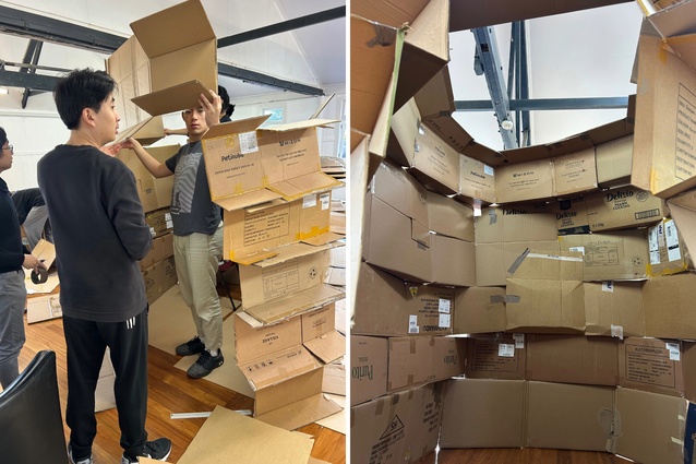 Students building the cave.