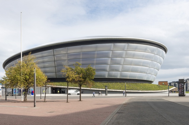 SSE Hydro Arena, Glasgow by Foster + Partners, 2014. The façades of the large arena are clad in translucent ETFE panels, onto which patterns and images can be projected at night.