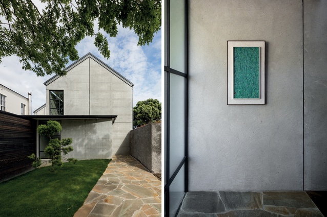 Located in Ponsonby, the home was designed by architect Ross Brown. Slate crazy paving leads from the street to the front door.