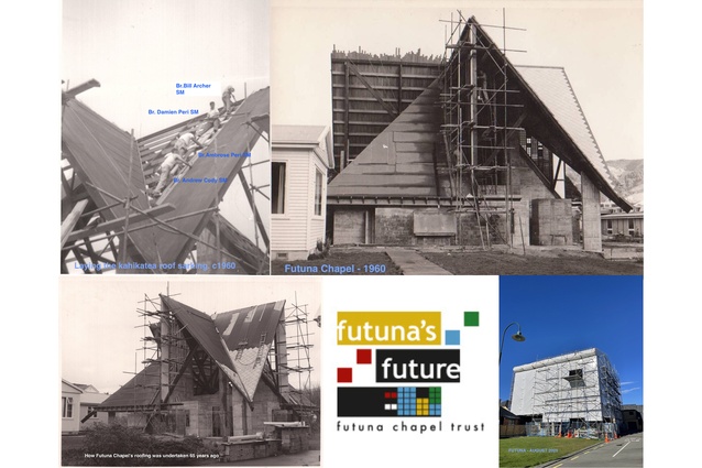 Photos of the Chapel’s roof under construction are from the Society of Mary Archive (black and white) and the more recent colour photo is from the Futuna Digital Archive.