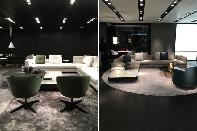 Minotti's key base palette was composed of shades of grey, with clear highlight colours of forest green, steel blue and teal in velvets, textured weaves and enamelled paint finishes.