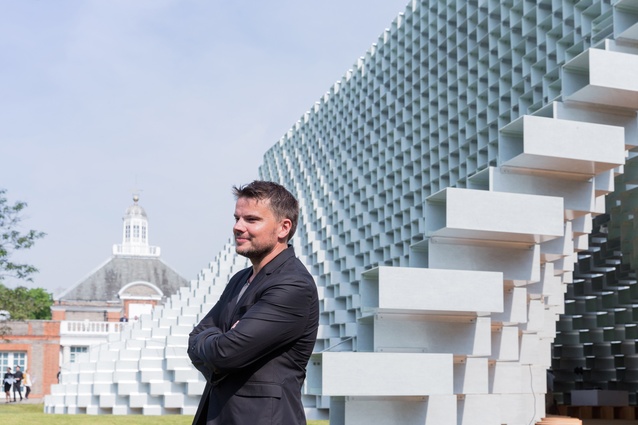 Architect Bjarke Ingels in front of the Serpentine Pavilion 2016 designed by Danish studio Bjarke Ingels Group (BIG).