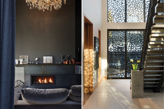 The variations in light and shading between the entrance sequence (right) and an adjacent room (left) contribute to this Christchurch home’s many moods. The metal screen at the entrance is a bespoke solution for regulating light streaming in and shadow. 