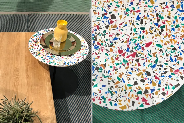 Giulio Cappellini presented products using a colourful Terrazzo called Gong. 