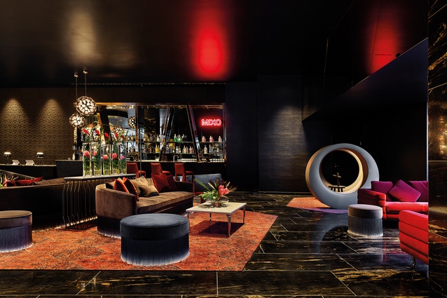 On the ground floor, the lobby, with the addition of Mixo bar, allows guests to relax on European furnishings. The O concrete rocking chair, designed by Marcel Wanders for Moooi, is a playful, ring-shaped seating option.