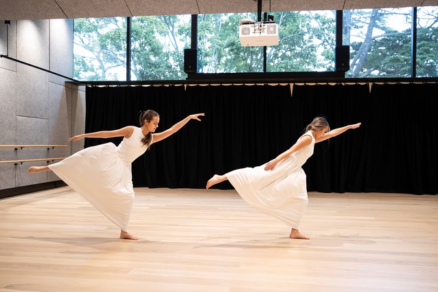 The dance studio is clad in felt and timber acoustic panels, with clerestory windows and the multi-gabled roof shaping its dynamic three-dimensional form.