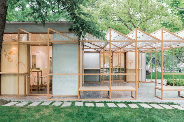 One of Baobao’s Shanghai eateries at Tongji University. The concept plays with a greenhouse form, using timber frameworks to define both interior and exterior schemes. 