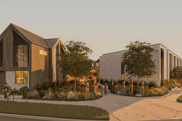 Pedestrian entrance with gathering space, Po and native planting.