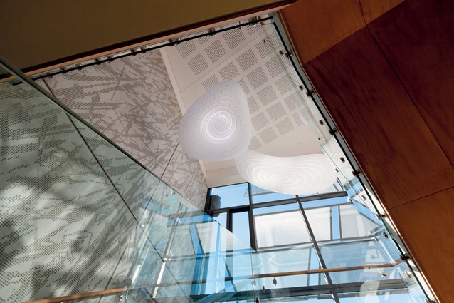 The staircase in the Science Centre takes students through allusions to the Canterbury Plains on ground level into colder tonalities of the Southern Alps on the second level.
