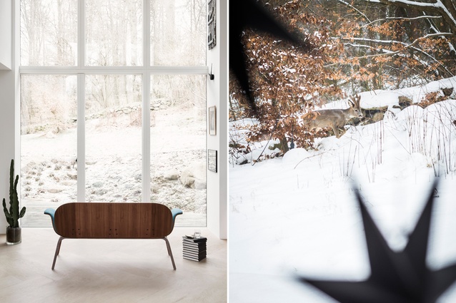 A Hermann sofa by Mencke & Vagnby offers the home-owners a warm, contemplative space for soaking in the snow-covered outdoors.