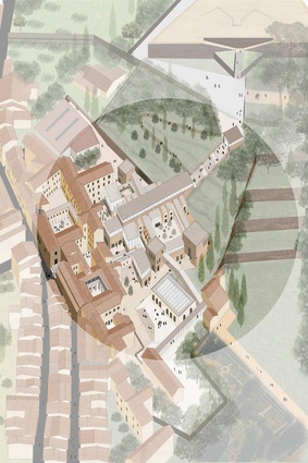 Pearce's project imagines how three derelict monasteries in Florence could be reintegrated into the cityscape as a school of artisan crafts. The pathway through the spine of the school is linear but fragmented and spatially varied. 