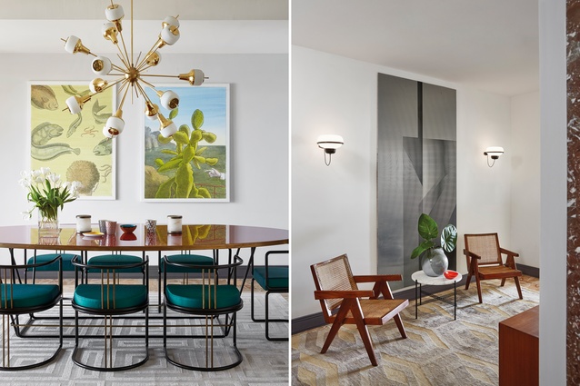 Dining room (L). Table is Sedia 033 from Dimore Gallery; chairs are Tavolo 032 from Dimore Gallery; chandelier is Sputnik by Fedele Papagni | Entrance hall (R). Wall art by Ned Vena.