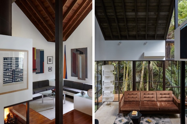 Left: Good House fireplace snug (1969–1970).
Right: Phillips House living area (1975–1979).