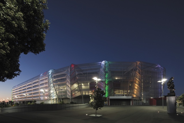 One of the four main entrances, typified by an accomodating plaza. The building's LED-lit fabric can be illuminated in a variety of colours.