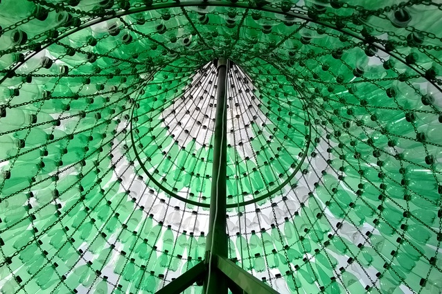 The Reclaimed Forest urban installation, Aotea Square. Over 5,000 recyclable plastic milk and soft drink bottles were illuminated and transformed into a sparkling forest.