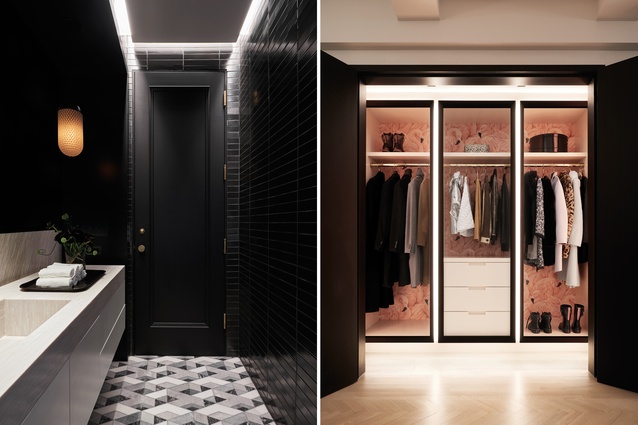 A powder room, lined with handmade metallic black tiles from Heath Ceramics, is a sleek new addition, as is the cloakroom, which features flamingo wallpaper and integrated LED lighting.