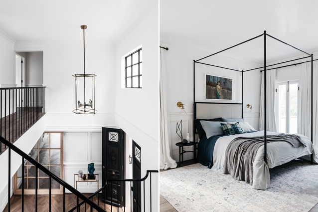 L: The iron doors were originally from Spain. Heavily rusted, they were hand-sanded and then painted with micaceous paint. R: One of the guest bedrooms. Bed is Marco by Oly from Coco Republic. Artwork is by Juli Balla. 