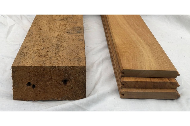 Recovered rimu wall is converted into tongue-and-groove flooring.

