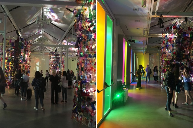 Missoni also has an installation in a large hall. It consists of five towers of steel wire covered in multi-coloured plastic film which sway gently.