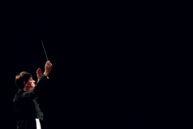 Eckehard Stier, music director of the Auckland Philharmonia Orchestra (APO), at the heart of darkness, on stage at the reworked ASB Theatre in Auckland.
