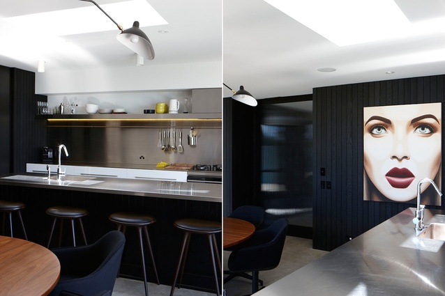 The stainless steel bench tops and splashback in the kitchen impart a slightly industrial look that complements the polished concrete floor. 