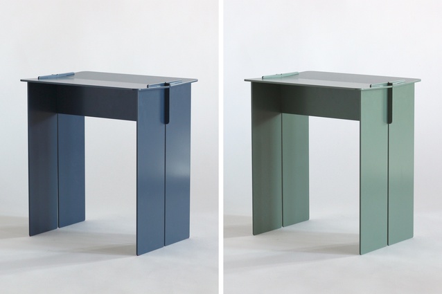 The Kit Stool in petrol blue (left) and sage (right).