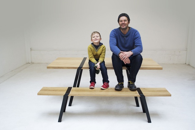 Roderick Fry with son Arlo at Moaroom's Paris workshop. 