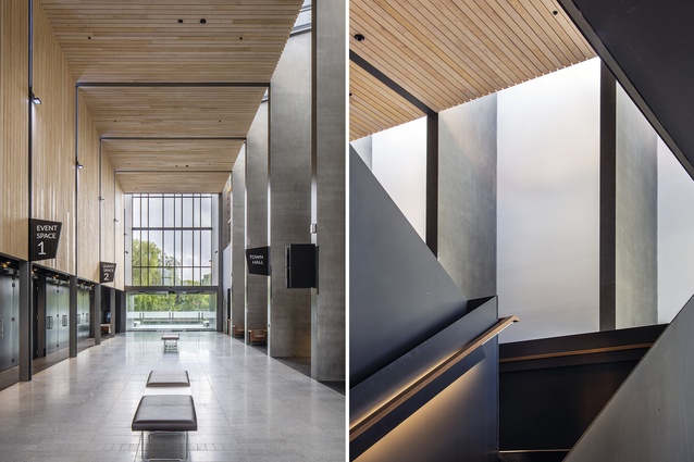 The new foyer and reception area sits between the Events Centre spaces and the Town Hall; the material palette in the new addition combines concrete, timber, steel and glass.