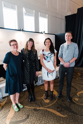 Winner Lucy Vete of the University of Auckland with the 2017 Student Design Awards jury.