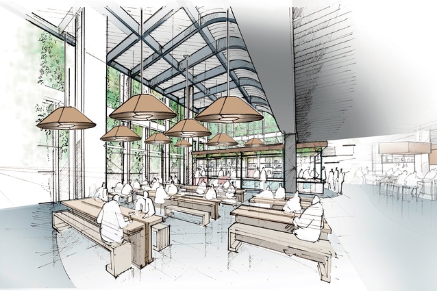 Render of Harbour Eats. The space has been heavily influenced by the bicultural history of the waterfront site.