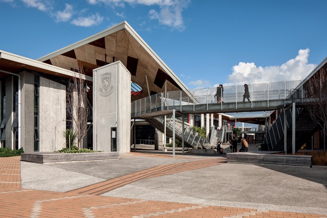 The atrium entrance to the whole school features patterned plywood panels across the ceiling, a reference to the shape of kūaka or godwit birds.
