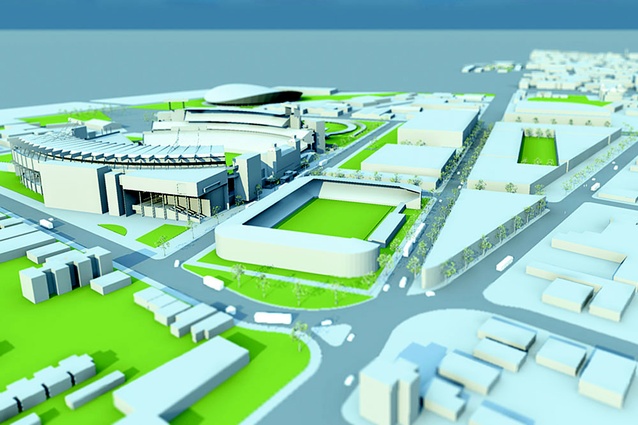 Sports precinct proposal around AMI Stadium by Trevor Watt, Duval O'Neill and David Hill.