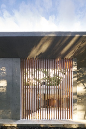 The use of concrete showcases the effects of sunlight and the shadows cast by nature and the building itself.