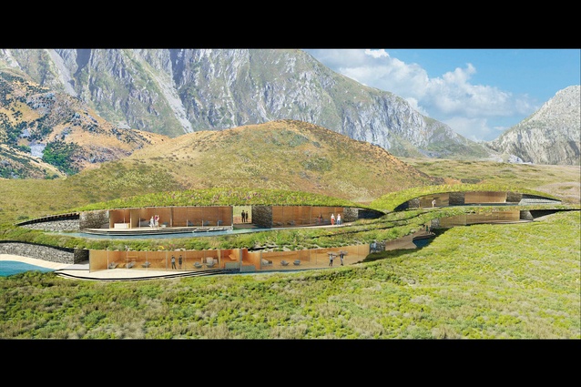 From <em>Bolthole by the lake</em>. Renders of the proposed lodge by Kengo Kuma for Peter Thiel, on a site in Wānaka. (Resource consent was rejected on 18 Aug 2022 by the Queenstown Lakes District Council).