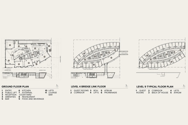 Ground floor plan, Level 4 bridge link floor plan and Level 9 typical floor plan.