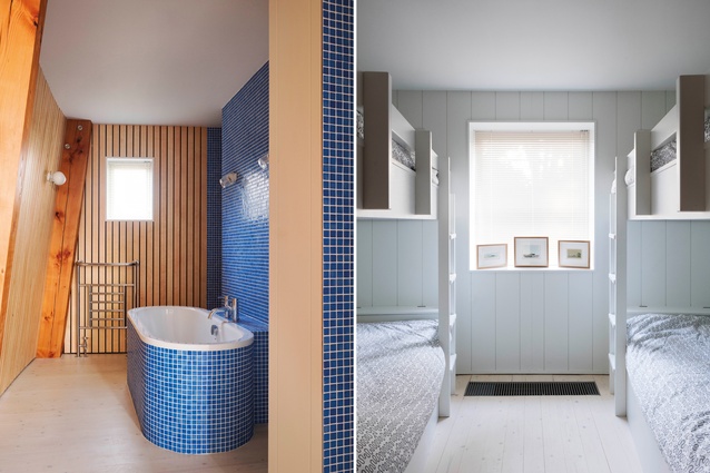 The nautical theme is evident throughout, from the built-in bunk beds to the blue- tiled bathroom and oversized circular bolts in the portal framing.