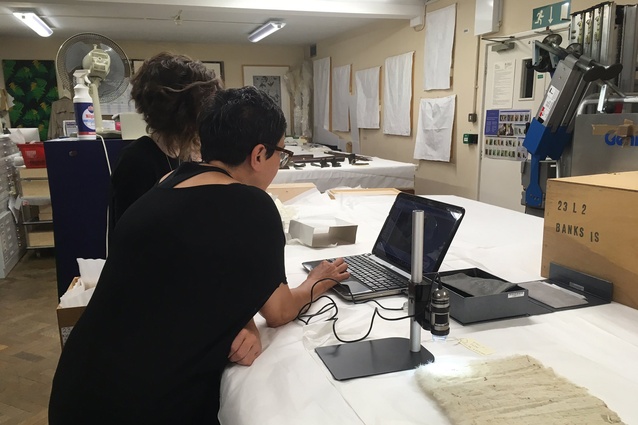 Deidre and Lisa Reihana investigating collections at the Museum of Archaeology and Anthropology at the University of Cambridge last year. She had a visiting fellowship to Cambridge to work on the Pacific Presences project.