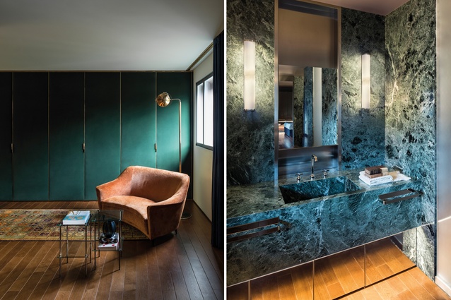 A velvet-lined cube creates a sense of softness as well as richness in the living room; green Alpi marble was used from floor to ceiling in the master bathroom.