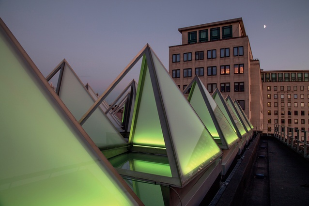 LEDs inside the 66 glass pyramids run through the full spectrum of colours every hour.