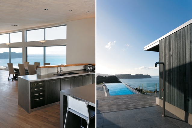 The kitchen, with the dining room in the background; the eastern courtyard with its infinity pool looks out over Hot Water Beach.   