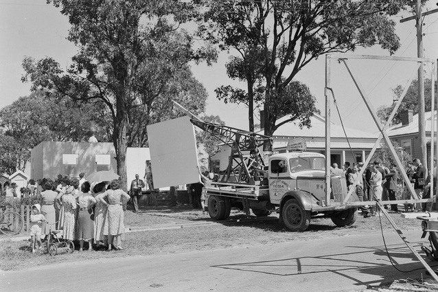 18 March 1953, the prefabricated ‘Shelborne’ house being erected on a suburban site; it’s from of a limited set of designs by Leichhardt Constructions, the prefabrication division of G.E. Brow.
