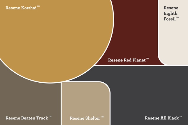Colour swatches from Rachel's mood board, featuring <a 
href="https://www.resene.co.nz/swatches/preview.php?chart=Resene%20Decks%2Fdriveways%20range%20%282014%29&brand=Resene&name=Kowhai"style="color:#3386FF"target="_blank"><u>Resene Kowhai</u></a>, <a 
href="https://www.resene.co.nz/swatches/preview.php?chart=Resene%20Multi-finish%20range%20%282016%29&brand=Resene&name=Red%20Planet"style="color:#3386FF"target="_blank"><u>Resene Red Planet</u></a>, <a 
href="https://www.resene.co.nz/swatches/preview.php?chart=Resene%20The%20Range%20whites%20%26%20neutrals%20%282010%29&brand=Resene&name=Eighth%20Fossil"style="color:#3386FF"target="_blank"><u>Resene Eighth Fossil</u></a>, <a 
href="https://www.resene.co.nz/swatches/preview.php?chart=Resene%20The%20Range%20fashion%20colours%2018&brand=Resene&name=Beaten%20Track"style="color:#3386FF"target="_blank"><u>Resene Beaten Track</u></a>, <a 
href="https://www.resene.co.nz/swatches/preview.php?chart=Resene%20Roof%20systems%20chart%20%282014%29&brand=Resene&name=Shelter"style="color:#3386FF"target="_blank"><u>Resene Shelter</u></a> and <a 
href="https://www.resene.co.nz/swatches/preview.php?chart=Resene%20Whites%20%26%20neutrals%20range%20%282016%29&brand=Resene&name=All%20Black"style="color:#3386FF"target="_blank"><u>Resene All Black</u></a>.