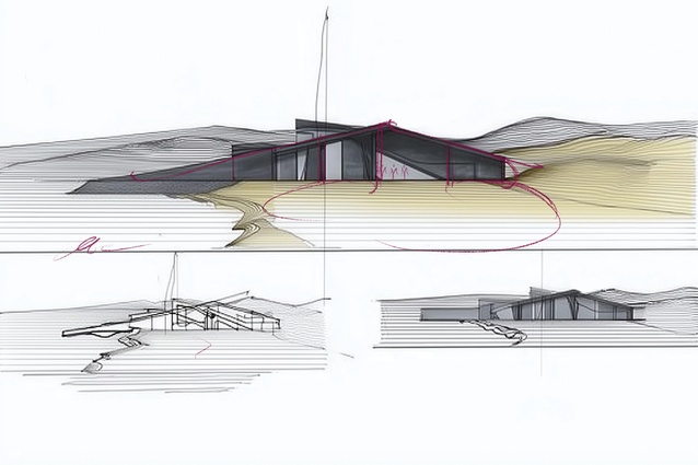 Te Toro a te Kāhu – concept sketches inspired by the outstretched wings of the kāhu (harrier hawk) giving form to the single marae complex, sheltered and protected below.